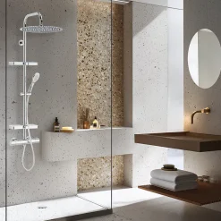 Colonne de douche thermostatique avec tablettes, pomme de tête large, douchette et flexible, chrome, Valentin Opium