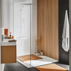 Colonne de douche thermostatique avec pomme de tête, douchette et flexible, chrome, Valentin Allure