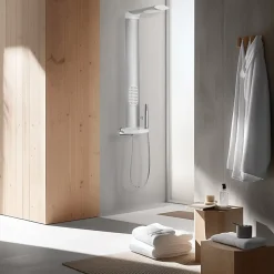 Colonne de douche thermostatique hydromassante avec tablette, pomme de tête et flexible, en aluminium anodisé gris, Valentin Isme