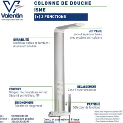 Colonne de douche thermostatique hydromassante avec tablette, pomme de tête et flexible, en aluminium anodisé gris, Valentin Isme