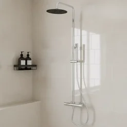 Colonne de douche thermostatique + barre réglable + douchette + flexible, chrome, GoodHome Owens
