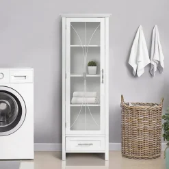 Colonne de rangement en effet bois blanc avec portes en verre