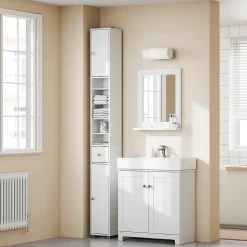 Colonne de Salle de Bain Étroite Hydrofuge avec Étagères et Tiroirs Réglables - Armoire Gain de Place Blanche