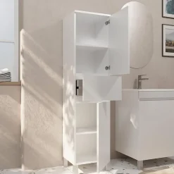 Colonne de Salle de Bain en Mélaminé Blanc - 35x32x150 cm - 2 Portes + 1 Tiroir