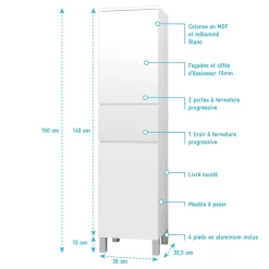 Colonne de Salle de Bain en Mélaminé Blanc - 35x32x150 cm - 2 Portes + 1 Tiroir