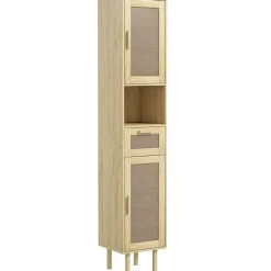 Colonne de salle de bain style bohème H. 170 cm - 2 portes, étagères, tiroir, niche - effet rotin bois clair