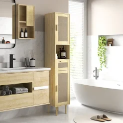 Colonne de salle de bain style bohème H. 170 cm - 2 portes, étagères, tiroir, niche - effet rotin bois clair