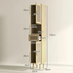 Colonne de salle de bain style bohème H. 170 cm - 2 portes, étagères, tiroir, niche - effet rotin bois clair