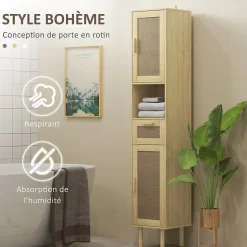Colonne de salle de bain style bohème H. 170 cm - 2 portes, étagères, tiroir, niche - effet rotin bois clair