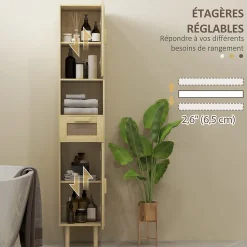 Colonne de salle de bain style bohème H. 170 cm - 2 portes, étagères, tiroir, niche - effet rotin bois clair