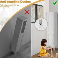 Colonne de Salle de Bain avec 2 Portes 5 étagères Dispositif Anti basculement Armoire Haute de Toilette Blanc