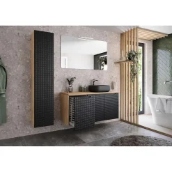 Colonne de salle de bain VELNIA 1 porte H170 cm Coloris chene clair et noir Meuble suspendu