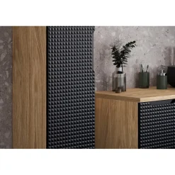 Colonne de salle de bain VELNIA 1 porte H170 cm Coloris chene clair et noir Meuble suspendu