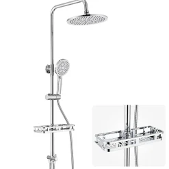 Colonne Douche avec Étagère Sans Robinet en Inox Chromée- Ensemble Mural Réglable Avec Pommeau Effet Pluie Rond 25 CM