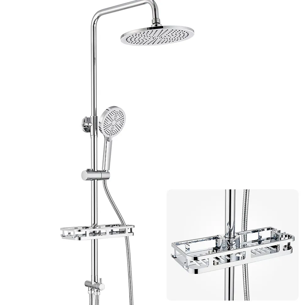 Colonne Douche avec Étagère Sans Robinet en Inox Chromée- Ensemble Mural Réglable Avec Pommeau Effet Pluie Rond 25 CM