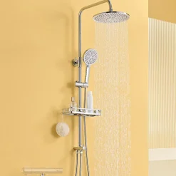 Colonne Douche avec Étagère Sans Robinet en Inox Chromée- Ensemble Mural Réglable Avec Pommeau Effet Pluie Rond 25 CM