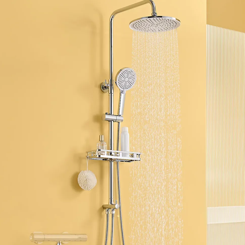 Colonne Douche avec Étagère Sans Robinet en Inox Chromée- Ensemble Mural Réglable Avec Pommeau Effet Pluie Rond 25 CM