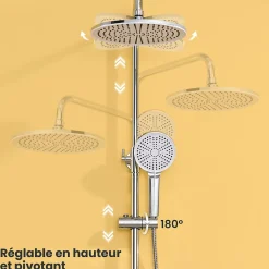 Colonne Douche avec Étagère Sans Robinet en Inox Chromée- Ensemble Mural Réglable Avec Pommeau Effet Pluie Rond 25 CM