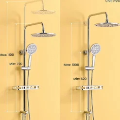 Colonne Douche avec Étagère Sans Robinet en Inox Chromée- Ensemble Mural Réglable Avec Pommeau Effet Pluie Rond 25 CM