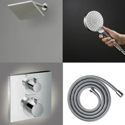 Colonne douche thermostatique HANSGROHE Ecostat Square Douche de tête Vernis Shape Flexible Metaflex Douchette Crometta chromé