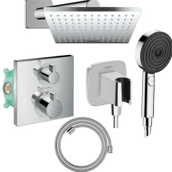 Colonne douche thermostatique HANSGROHE Ecostat Square Douche de tête Vernis Shape Flexible Isiflex Douchette Pulsify chromé