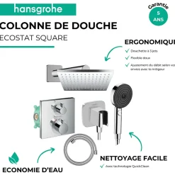 Colonne douche thermostatique HANSGROHE Ecostat Square Douche de tête Vernis Shape Flexible Isiflex Douchette Pulsify chromé