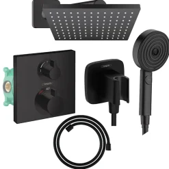 Colonne douche thermostatique HANSGROHE Ecostat Square Douche de tête Vernis Shape Flexible Designflex Douchette Pulsify noir mat