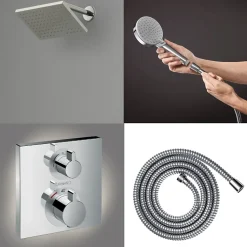 Colonne douche thermostatique HANSGROHE Ecostat Square Douche de tête Vernis Shape Flexible Metaflex Douchette Vernis Blend chromé