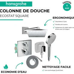 Colonne douche thermostatique HANSGROHE Ecostat Square Douche de tête Vernis Shape Flexible Metaflex Douchette Vernis Blend chromé