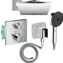 Colonne douche thermostatique HANSGROHE Ecostat Square Douche de tête Vernis Shape Flexible Designflex Douchette Pulsify chromé