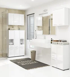 Colonne salle de bain, 2 armoires, 140 x 30 x 30 cm, blanc / blanc brillant