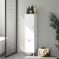 Colonne salle de bain - porte, 2 étagères, panier à linge - dim. 35 x 31,5 x 144 cm - blanc