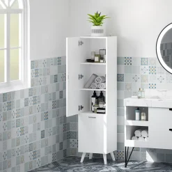 Colonne salle de bain - porte, 2 étagères, panier à linge - dim. 35 x 31,5 x 144 cm - blanc
