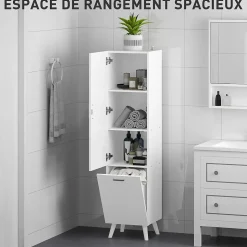 Colonne salle de bain - porte, 2 étagères, panier à linge - dim. 35 x 31,5 x 144 cm - blanc