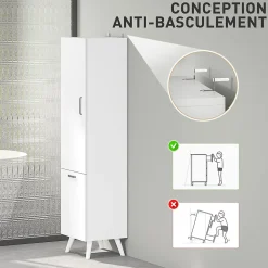 Colonne salle de bain - porte, 2 étagères, panier à linge - dim. 35 x 31,5 x 144 cm - blanc