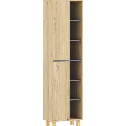 Colonne salle de bain design H.148 cm - 2 portes, 4 étagères, 6 niches - gris effet bois clair naturel