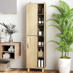 Colonne salle de bain design H.148 cm - 2 portes, 4 étagères, 6 niches - gris effet bois clair naturel