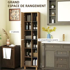 Colonne salle de bain design H.148 cm - 2 portes, 4 étagères, 6 niches - gris effet bois clair naturel