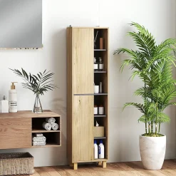 Colonne salle de bain design H.148 cm - 2 portes, 4 étagères, 6 niches - gris effet bois clair naturel
