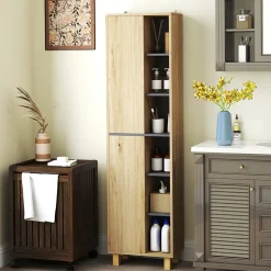 Colonne salle de bain design H.148 cm - 2 portes, 4 étagères, 6 niches - gris effet bois clair naturel