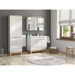 Colonne salle de bain ERMANO Chene clair et blanc brillant 60x187 cm 4 portes À poser