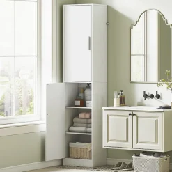 Colonne salle de bain H180 cm - 2 portes, 4 étagères réglables - effet bois blanc
