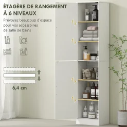 Colonne salle de bain H180 cm - 2 portes, 4 étagères réglables - effet bois blanc