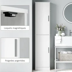Colonne salle de bain H180 cm - 2 portes, 4 étagères réglables - effet bois blanc