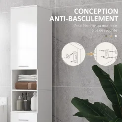 Colonne salle de bain H.180cm façade blanc laqué 2 portes, 2 étagères, 2 niches, tiroir