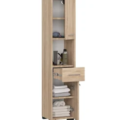 Colonne salle de bains AKORD FIN Chêne Sonoma 30 cm 2 portes 1 tiroir façade Chêne Sonoma 5 étagères 30x30x140 cm