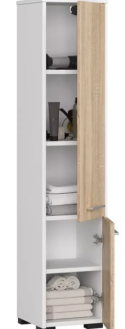 Colonne salle de bains AKORD FIN Blanche 30 cm 2 portes façade Chêne Sonoma 5 étagères 30x30x140 cm