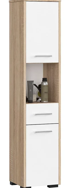 Colonne salle de bains AKORD FIN Chêne Sonoma 30 cm 2 portes 1 tiroir façade Blanche 5 étagères 30x30x140 cm
