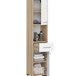 Colonne salle de bains AKORD FIN Chêne Sonoma 30 cm 2 portes 1 tiroir façade Blanche 5 étagères 30x30x140 cm