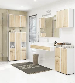 Colonne salle de bains AKORD FIN Blanche 30 cm 2 portes 1 tiroir façade Chêne Sonoma 5 étagères 30x30x140 cm